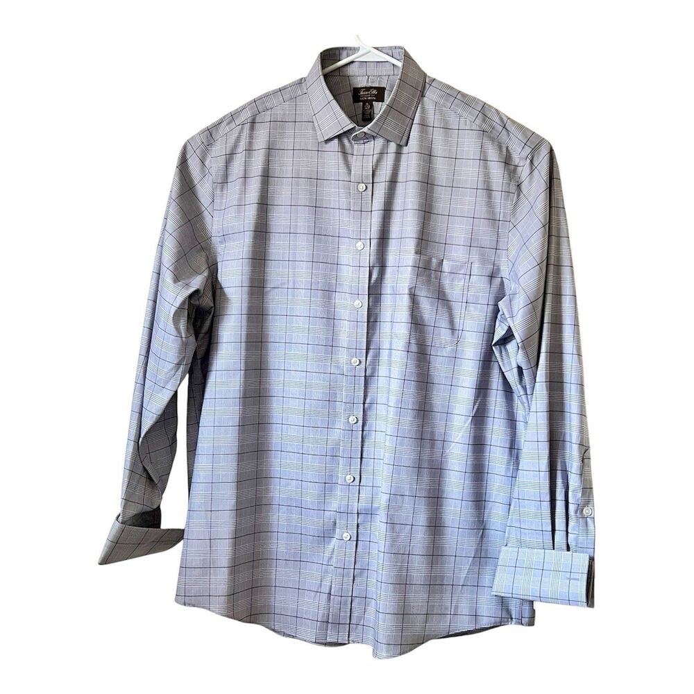 Tasso Elba Dress Shirt Size XL Brown White Check French Cuffs Non-Iron Cotton